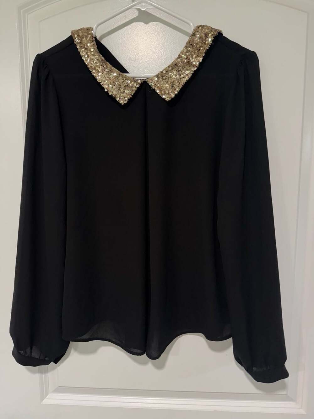 Coquette Gold Sequin Collar Black Blouse Party Holiday Glam Size L